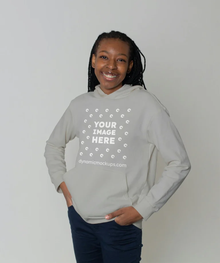 Woman Wearing Light Gray Hoodie Mockup Front View Template