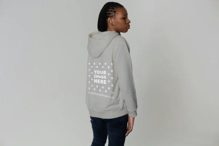Woman Wearing Light Gray Hoodie Mockup Back View Template