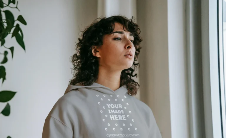 Woman Wearing Light Gray Hoodie Mockup Front View Template