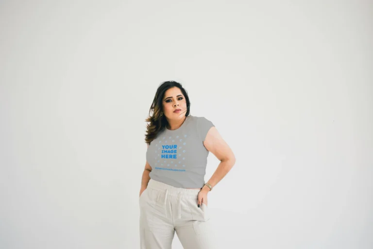Woman Wearing Light Gray T-shirt Mockup Front View Template