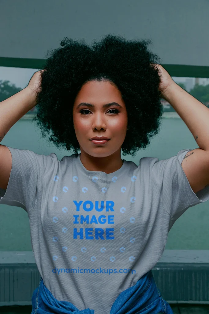 Woman Wearing Light Gray T-shirt Mockup Front View Template