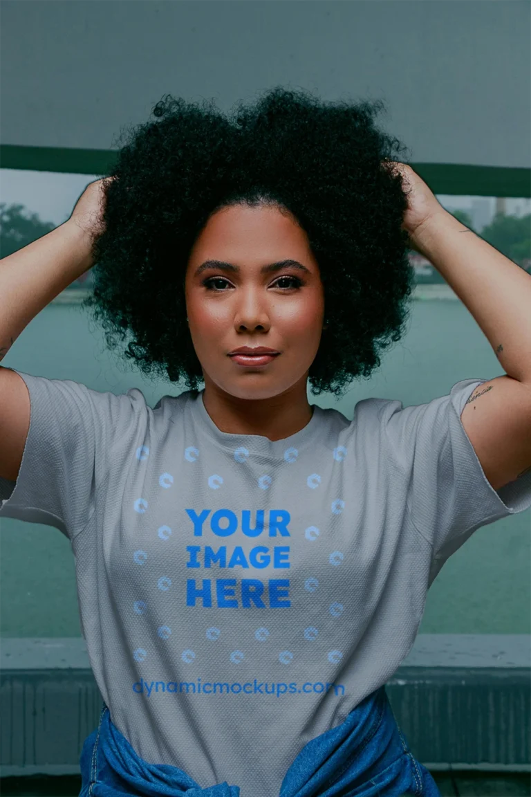 Woman Wearing Light Gray T-shirt Mockup Front View Template