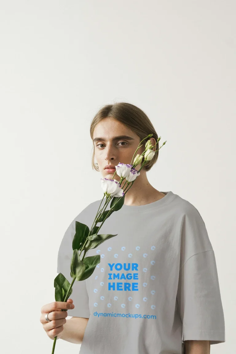Woman Wearing Light Gray T-shirt Mockup Front View Template
