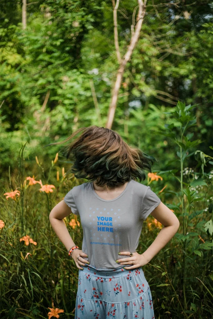 Woman Wearing Light Gray T-shirt Mockup Front View Template
