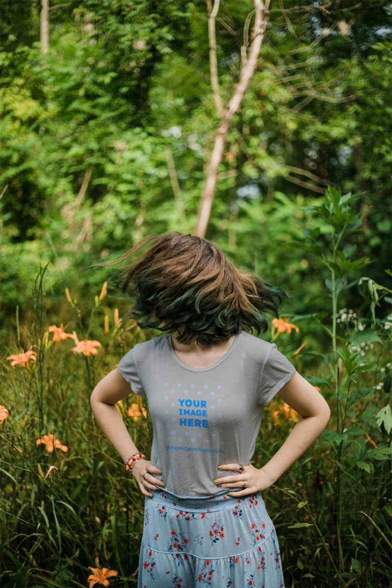 Woman Wearing Light Gray T-shirt Mockup Front View Template