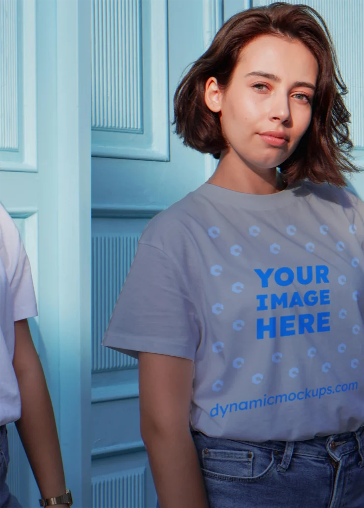 Woman Wearing Light Gray T-shirt Mockup Front View Template