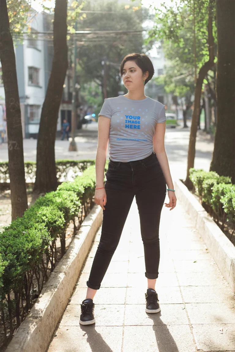 Woman Wearing Light Gray T-shirt Mockup Front View Template