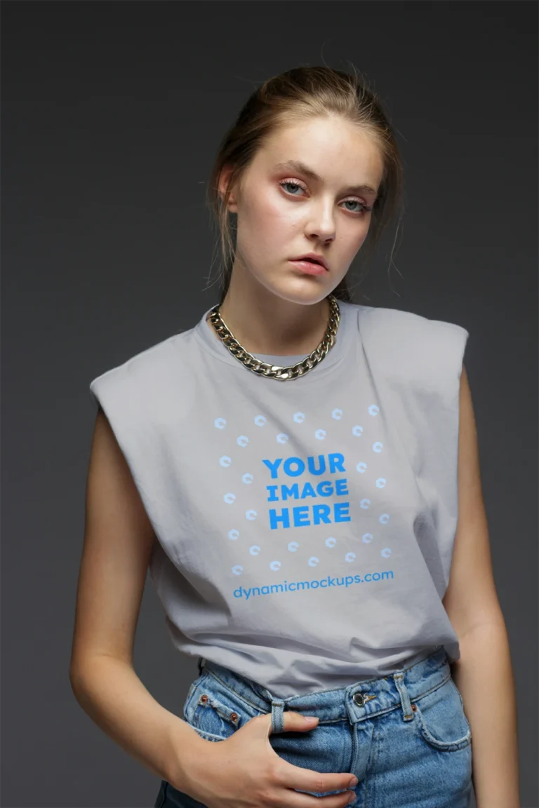 Woman Wearing Light Gray T-shirt Mockup Front View Template