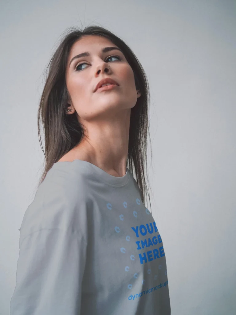 Woman Wearing Light Gray T-shirt Mockup Front View Template