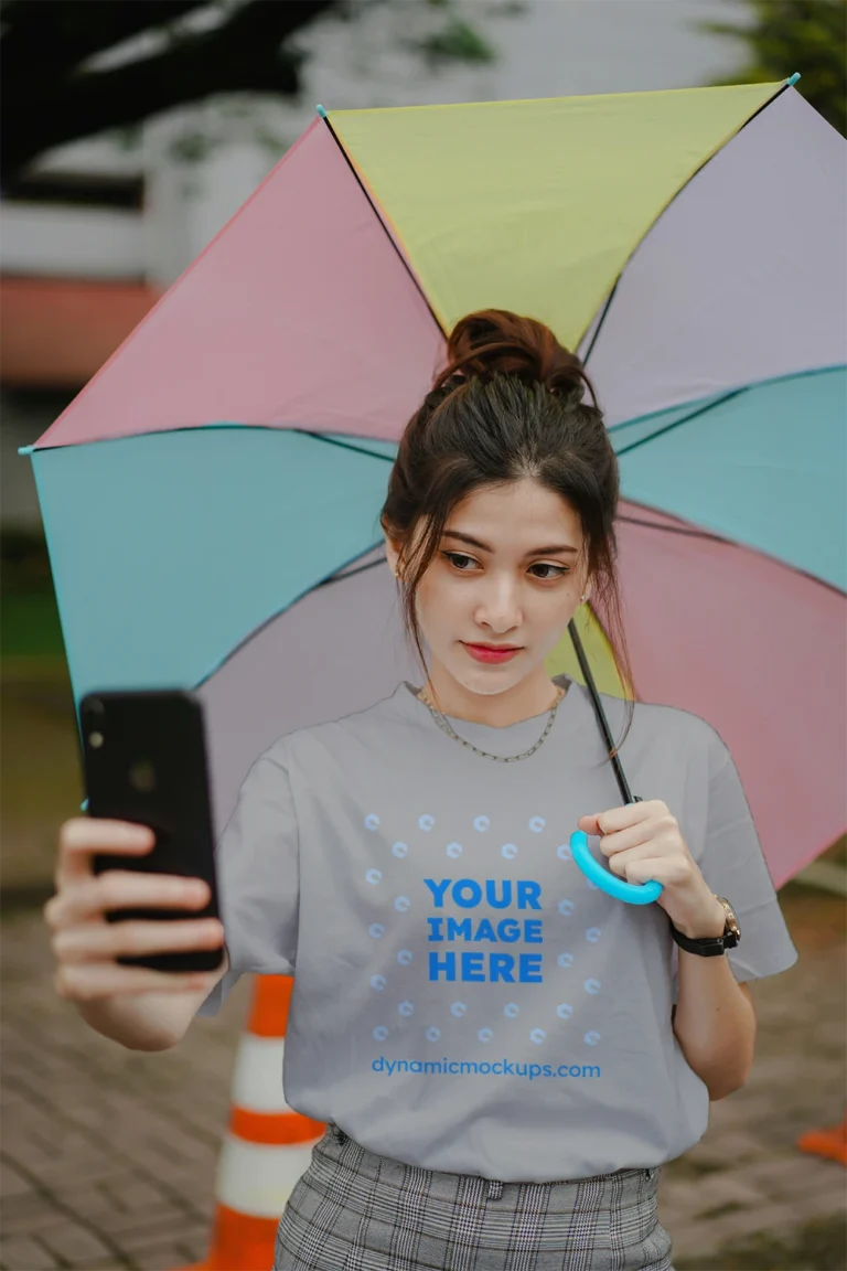 Woman Wearing Light Gray T-shirt Mockup Front View Template