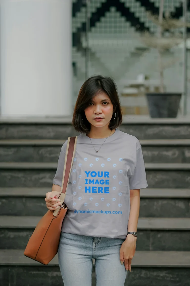 Woman Wearing Light Gray T-shirt Mockup Front View Template