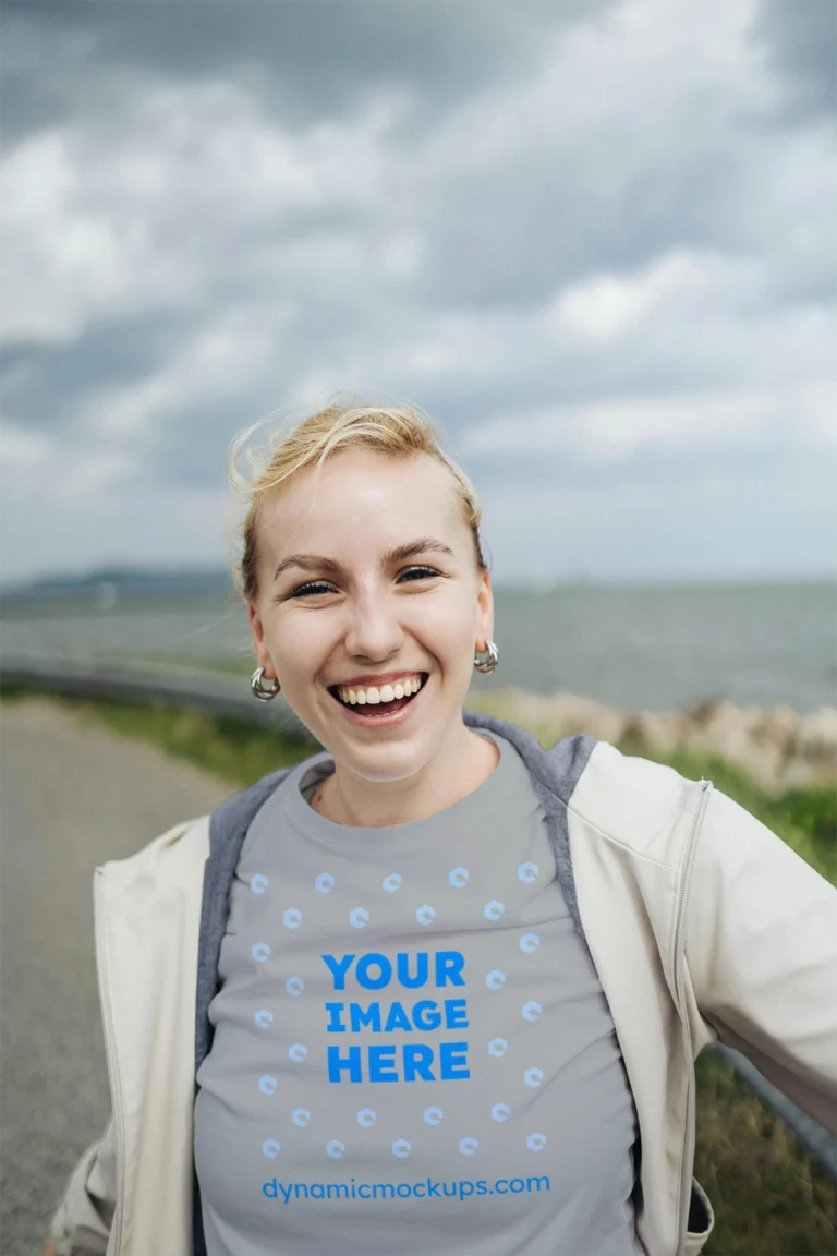 Woman Wearing Light Gray T-shirt Mockup Front View Template