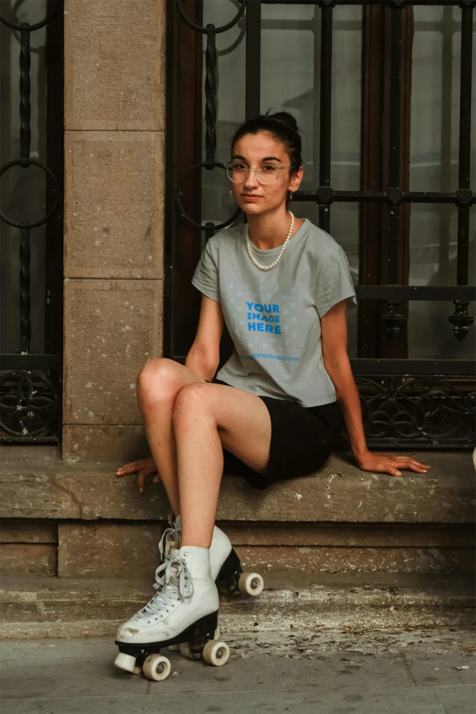 Woman Wearing Light Gray T-shirt Mockup Front View Template