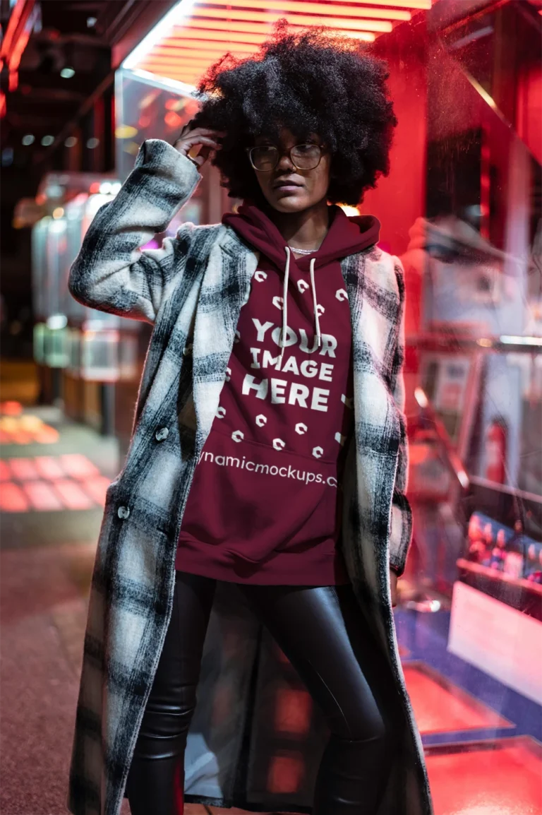 Woman Wearing Maroon Hoodie Mockup Front View Template