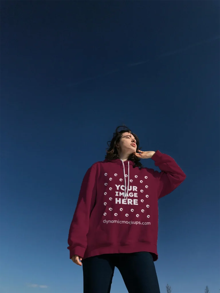 Woman Wearing Maroon Hoodie Mockup Front View Template