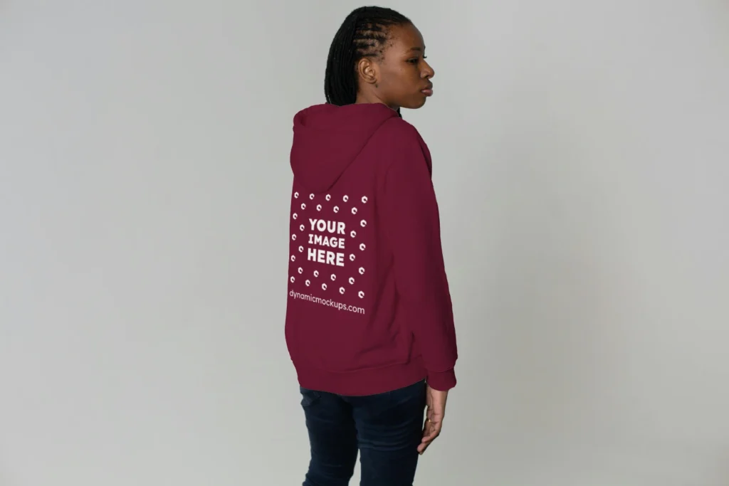 Woman Wearing Maroon Hoodie Mockup Back View Template