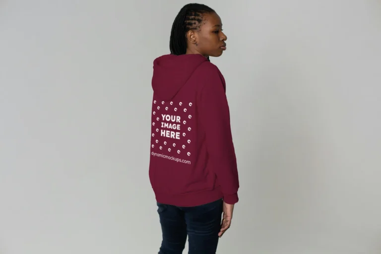 Woman Wearing Maroon Hoodie Mockup Back View Template