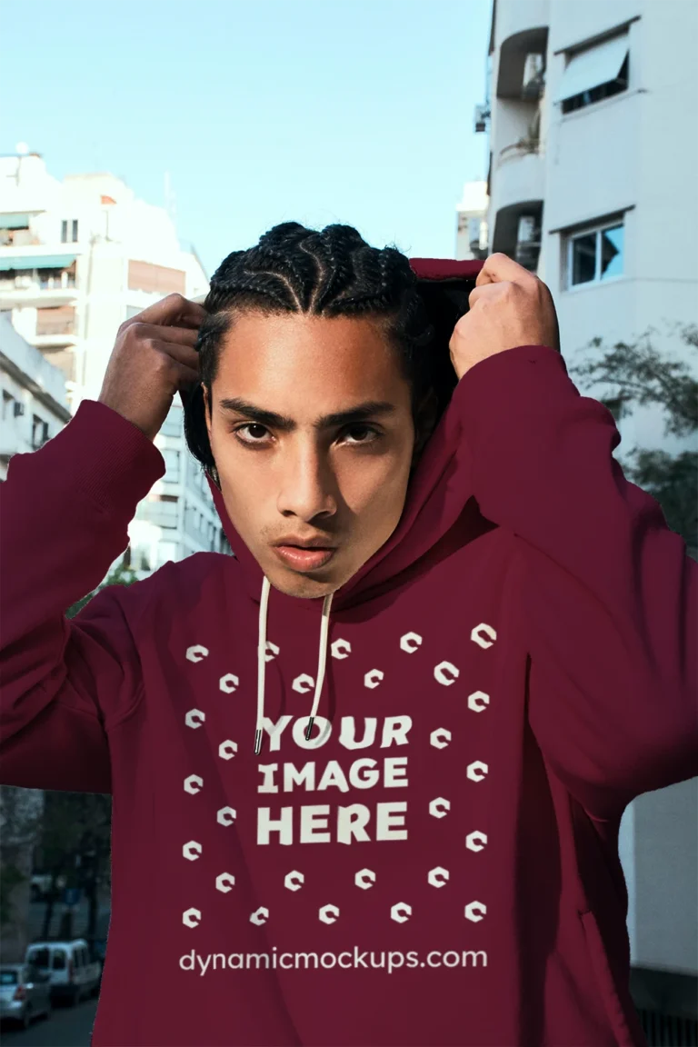 Woman Wearing Maroon Hoodie Mockup Front View Template