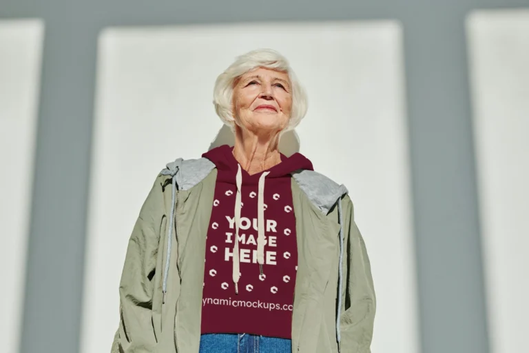 Woman Wearing Maroon Hoodie Mockup Front View Template