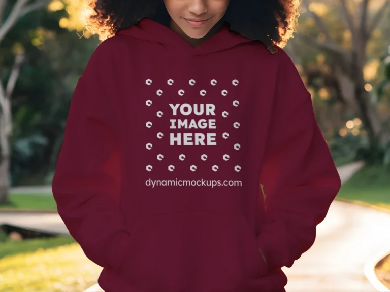Woman Wearing Maroon Hoodie Mockup Front View Template