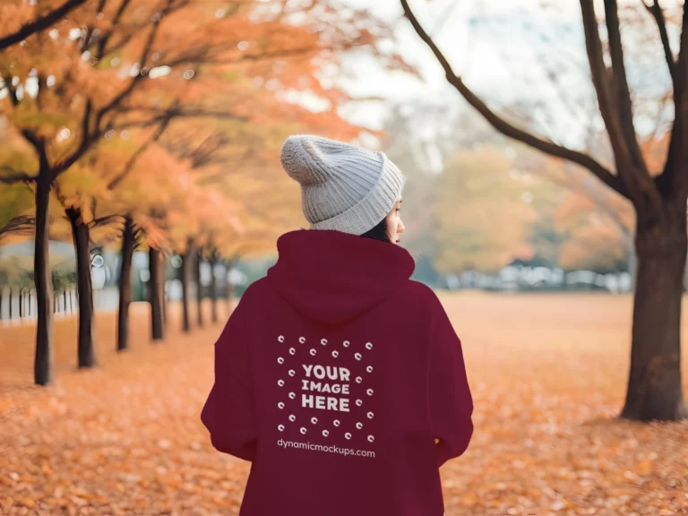 Woman Wearing Maroon Hoodie Mockup Back View Template