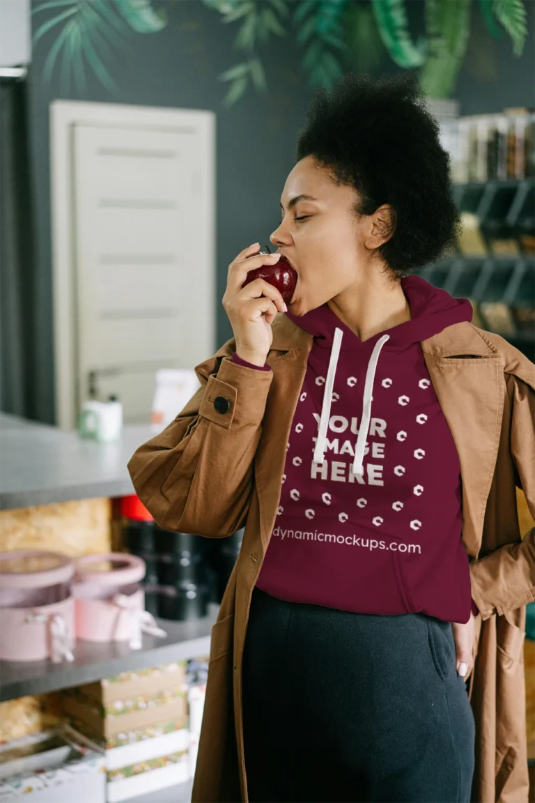 Woman Wearing Maroon Hoodie Mockup Front View Template