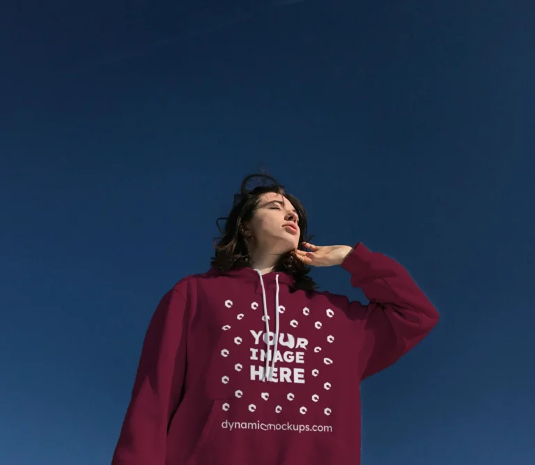 Woman Wearing Maroon Hoodie Mockup Front View Template