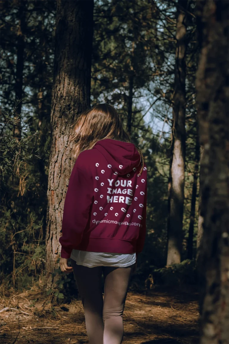 Woman Wearing Maroon Hoodie Mockup Back View Template