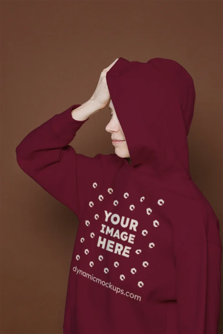 Woman Wearing Maroon Hoodie Mockup Front View Template