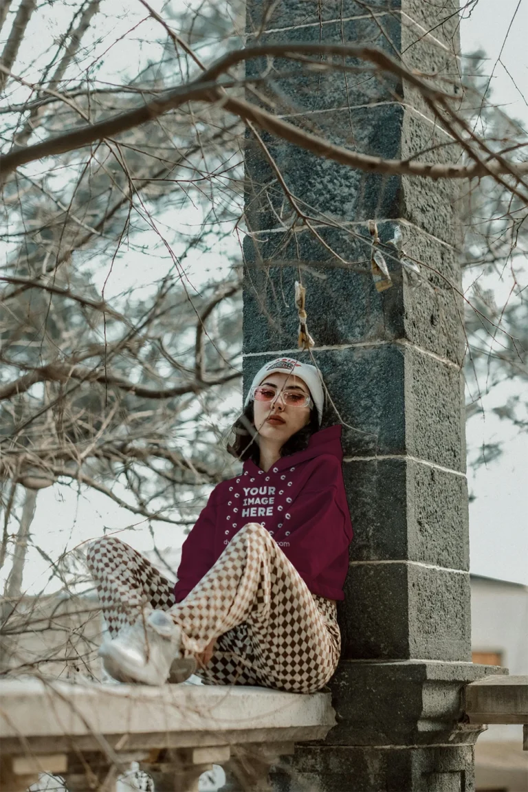 Woman Wearing Maroon Hoodie Mockup Front View Template