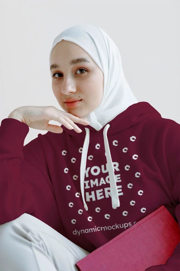 Woman Wearing Maroon Hoodie Mockup Front View Template