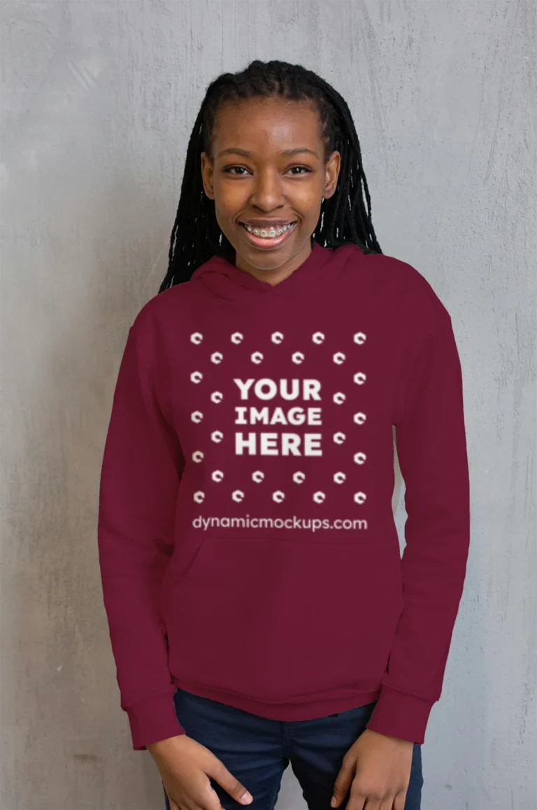 Woman Wearing Maroon Hoodie Mockup Front View Template