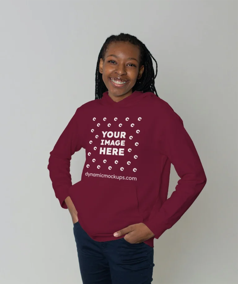 Woman Wearing Maroon Hoodie Mockup Front View Template