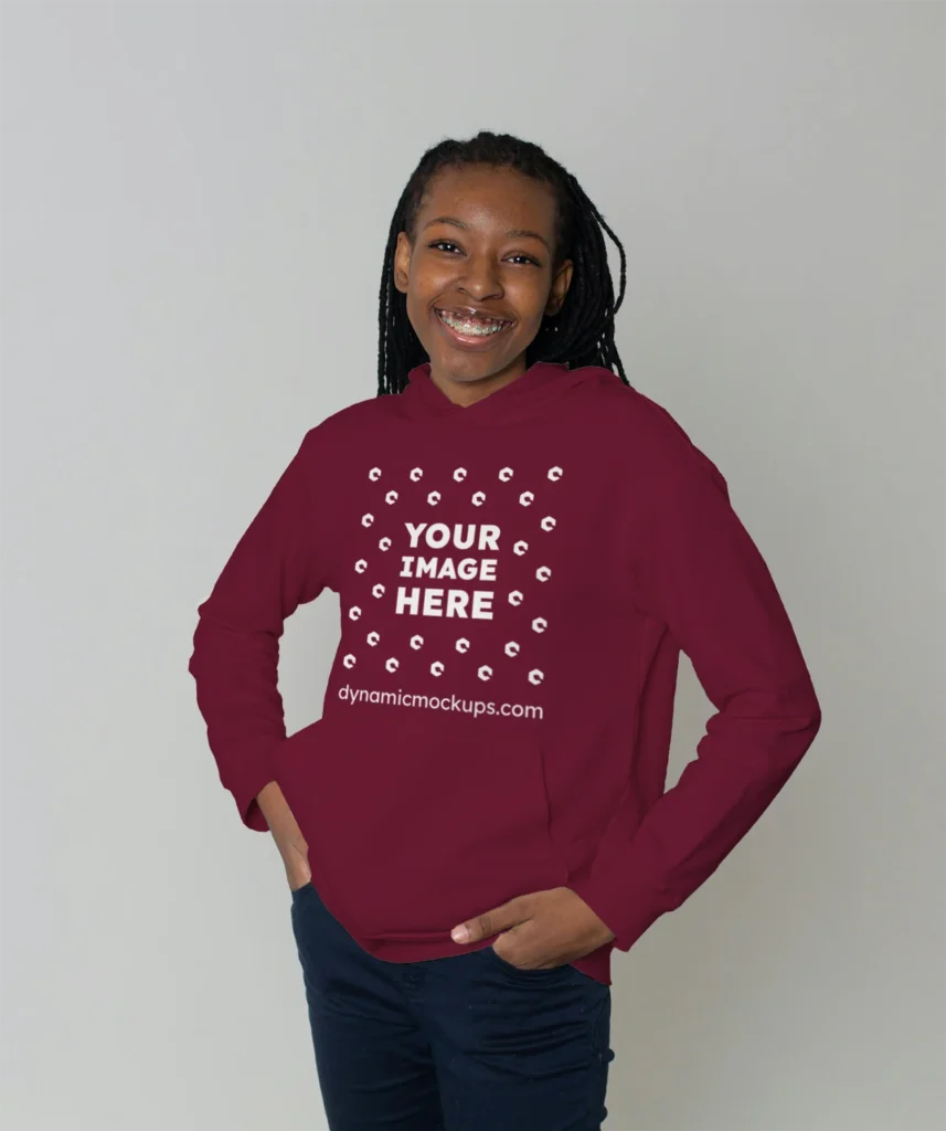 Woman Wearing Maroon Hoodie Mockup Front View Template