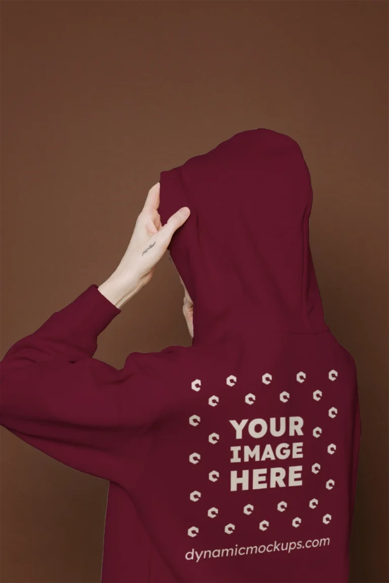 Woman Wearing Maroon Hoodie Mockup Back View Template