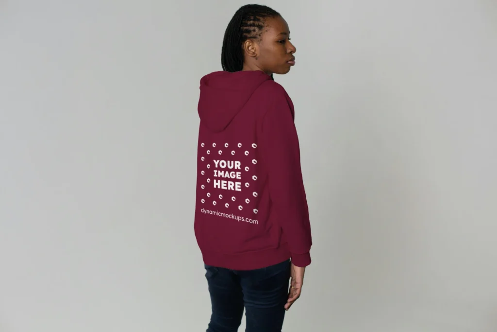 Woman Wearing Maroon Hoodie Mockup Back View Template