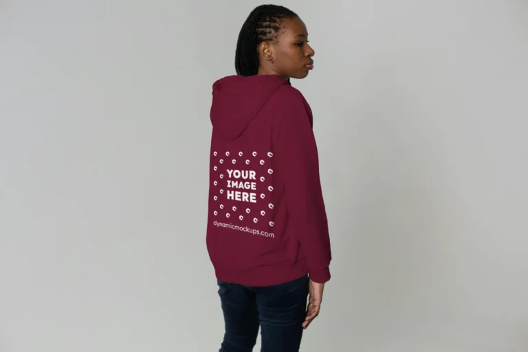 Woman Wearing Maroon Hoodie Mockup Back View Template