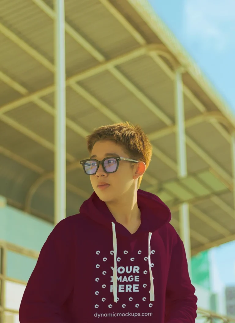 Woman Wearing Maroon Hoodie Mockup Front View Template