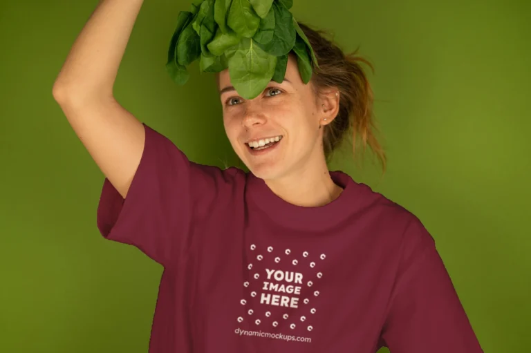 Woman Wearing Maroon T-shirt Mockup Front View Template