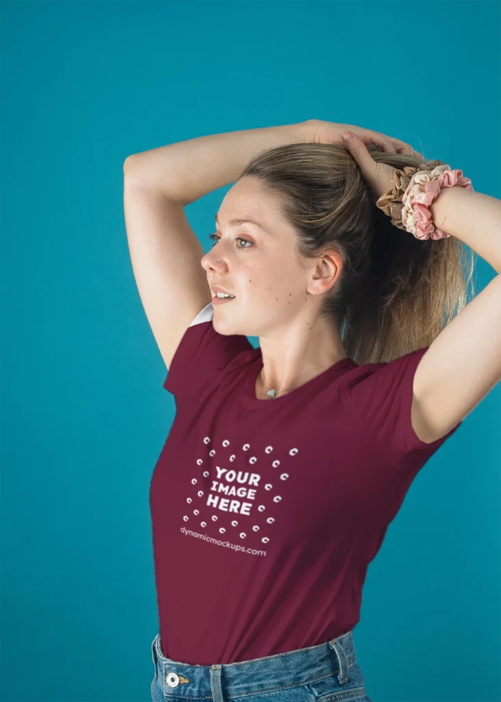 Woman Wearing Maroon T-shirt Mockup Front View Template