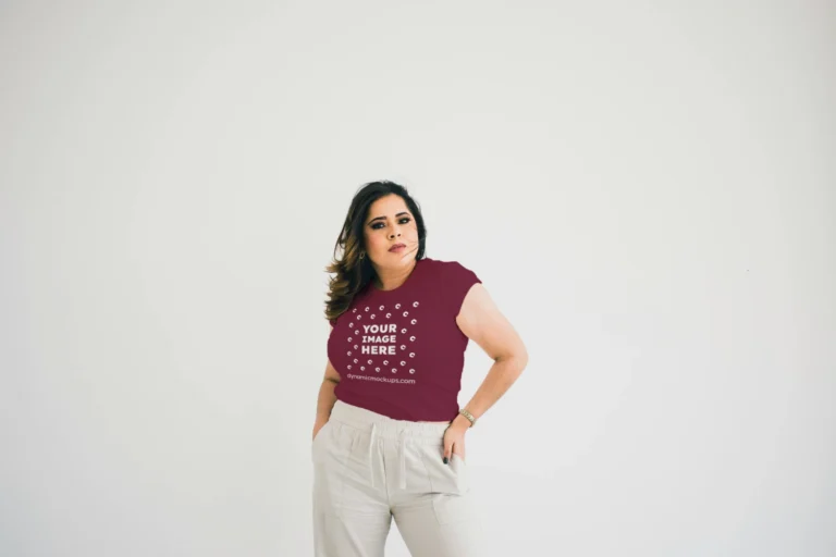 Woman Wearing Maroon T-shirt Mockup Front View Template