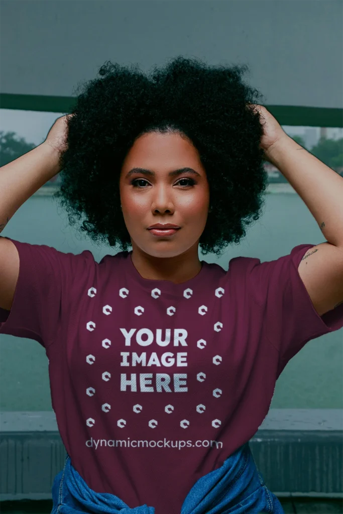 Woman Wearing Maroon T-shirt Mockup Front View Template