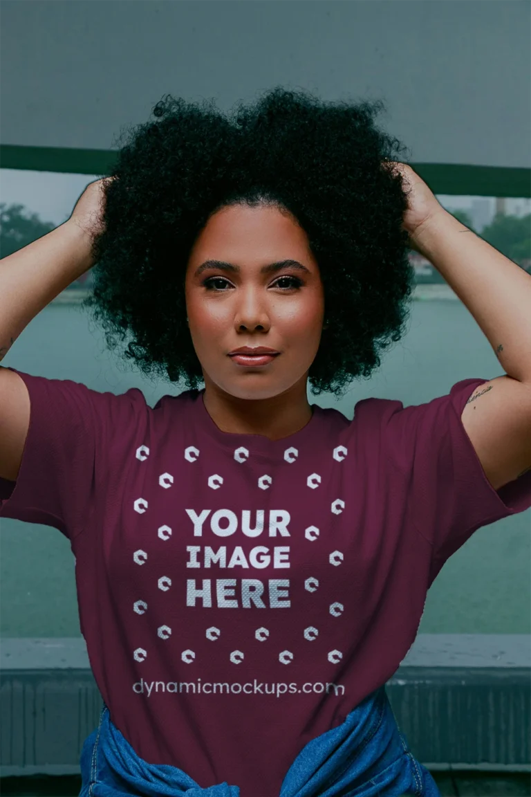 Woman Wearing Maroon T-shirt Mockup Front View Template
