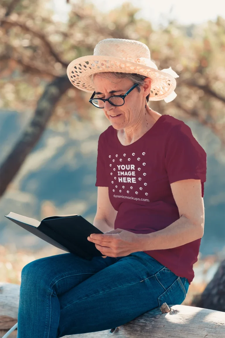 Woman Wearing Maroon T-shirt Mockup Front View Template