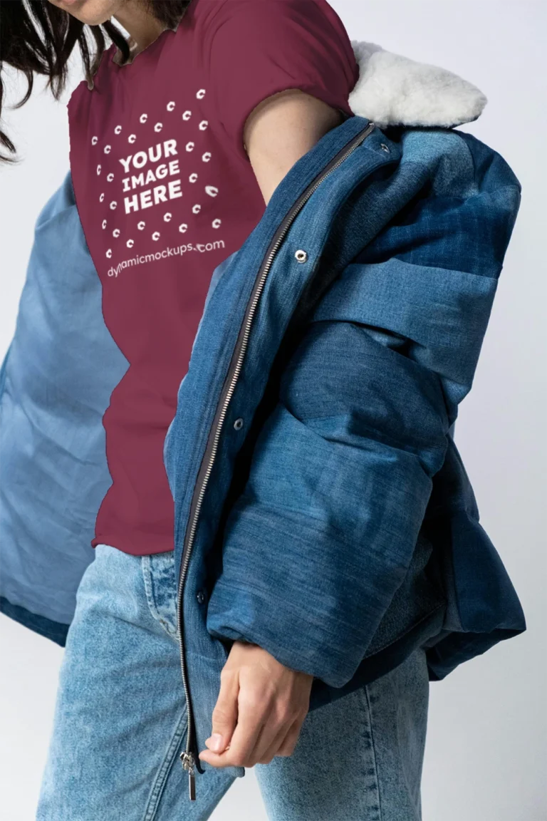 Woman Wearing Maroon T-shirt Mockup Front View Template