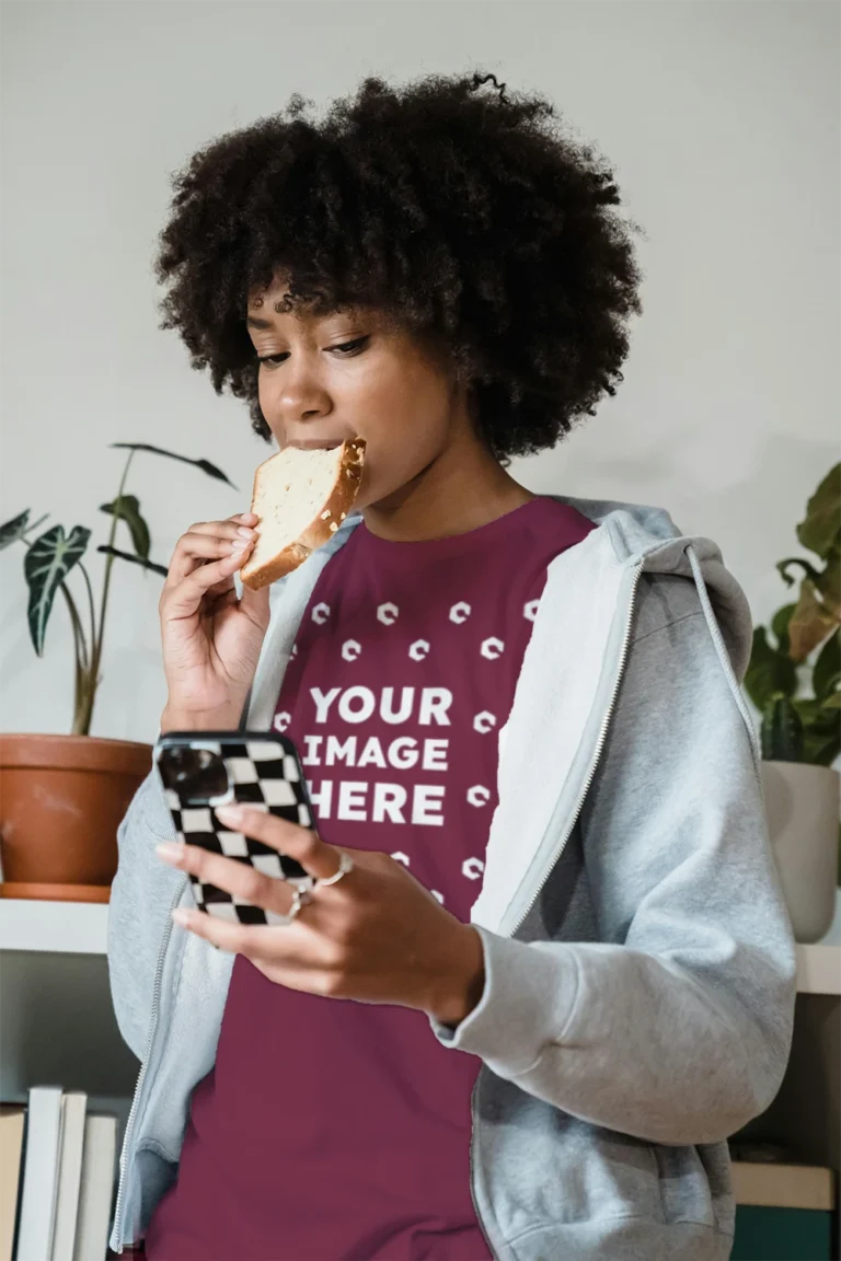 Woman Wearing Maroon T-shirt Mockup Front View Template