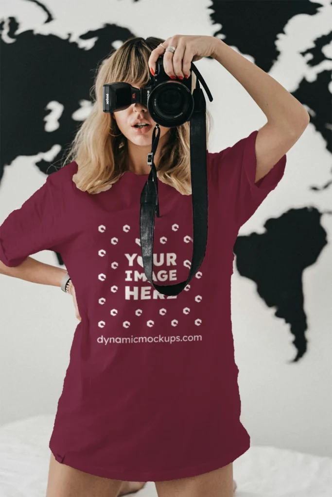 Woman Wearing Maroon T-shirt Mockup Front View Template