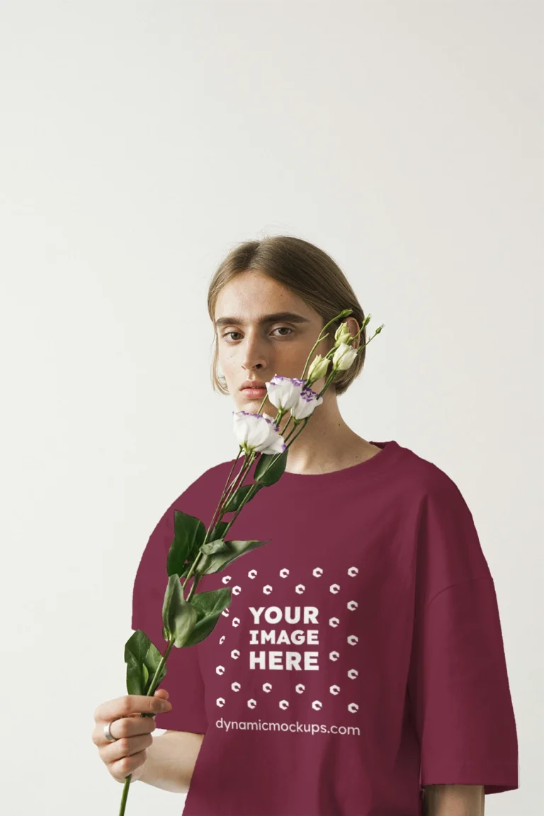 Woman Wearing Maroon T-shirt Mockup Front View Template