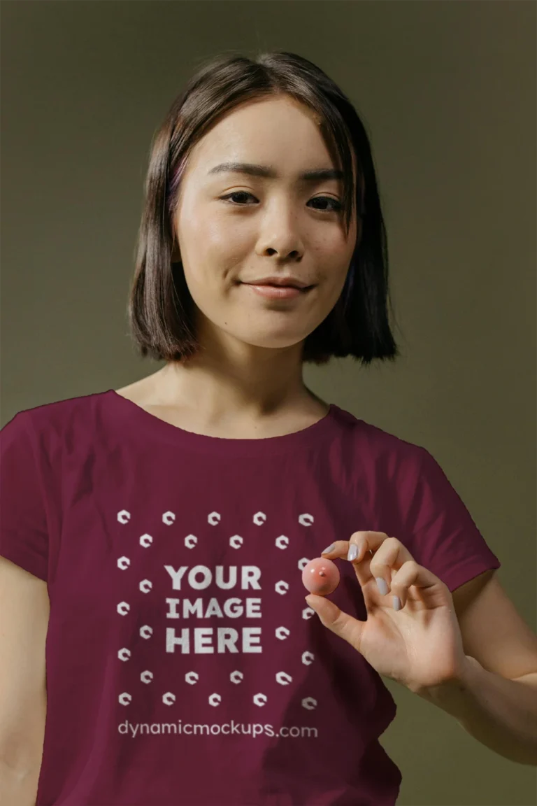 Woman Wearing Maroon T-shirt Mockup Front View Template