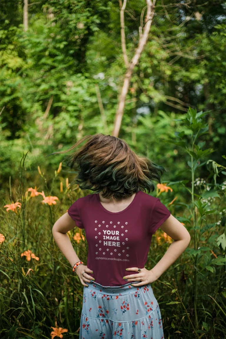 Woman Wearing Maroon T-shirt Mockup Front View Template
